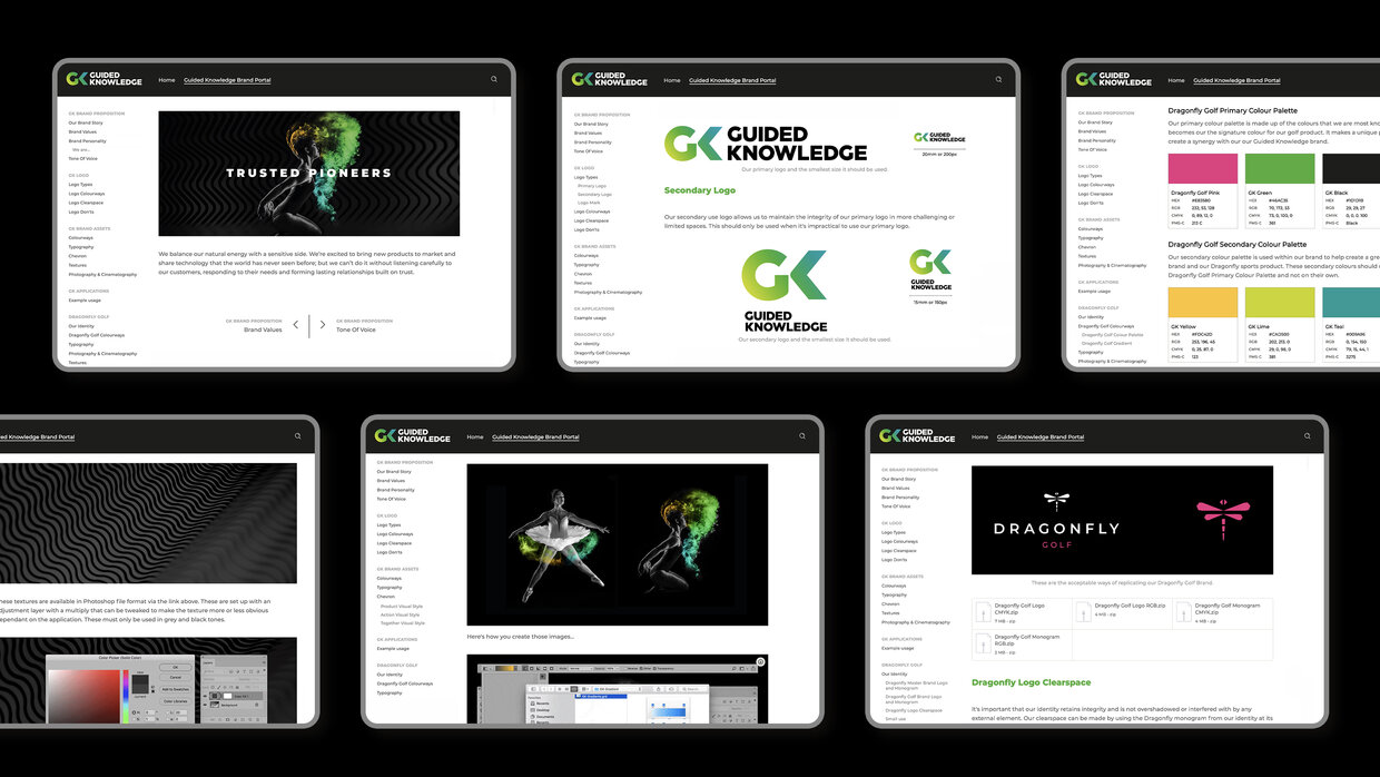 A collage of six computer screens displaying web pages related to "Guided Knowledge." The screens feature various designs and text, including a logo, patterns, color palettes, and sections labeled "Trusted Partners" and "Dragonfly." The overall theme emphasizes technology and information presentation.