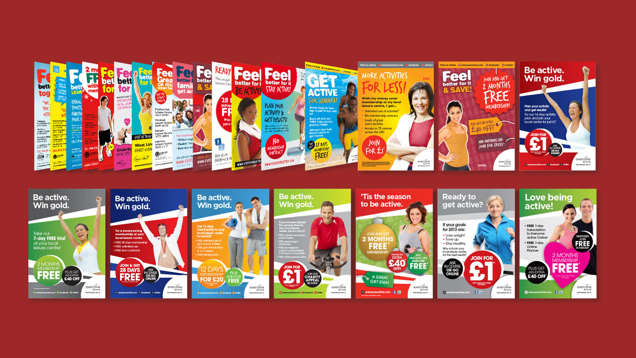 A collection of colorful promotional flyers encouraging physical activity and fitness. The flyers display various offers, including free trials and discounts, with catchy phrases like "Be active. Win gold!" and "Ready to get active?" The background is a solid red.