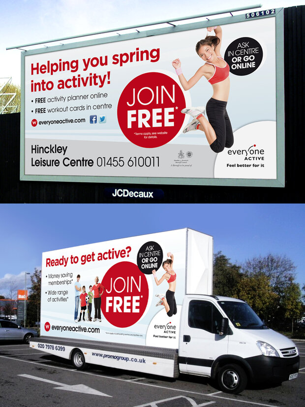 A promotional billboard and truck display encourage people to engage in physical activities. They highlight a "Join Free" offer for fitness plans and free workout cards, featuring images of a person in athletic wear exercising. Contact information for the Hinckley Leisure Centre is included.