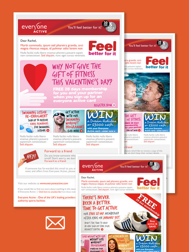 A promotional flyer from Everyone Active encouraging recipients to consider gifting fitness memberships for Valentine's Day. It features a heart graphic and images of couples enjoying fitness activities. The flyer highlights a special offer, including a chance to win prizes and a free trial.