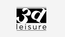 Logo for "3D Leisure," with stylized text featuring the numbers and letters in a contrasting black and white design. The word "leisure" is positioned below "3D.