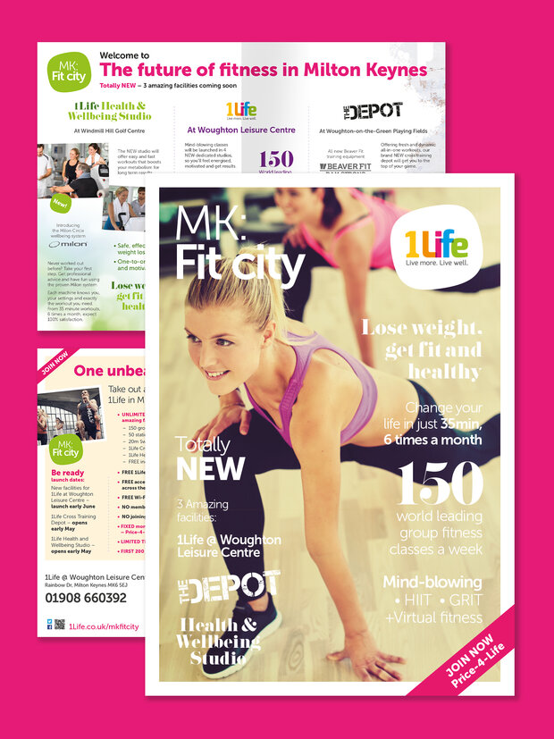 Promotional flyer for MK Fit City, featuring a woman exercising in a fitness class. The text highlights benefits such as losing weight, group classes, and virtual fitness options at the Woughton Leisure Centre. Contact information is provided for more details on membership.