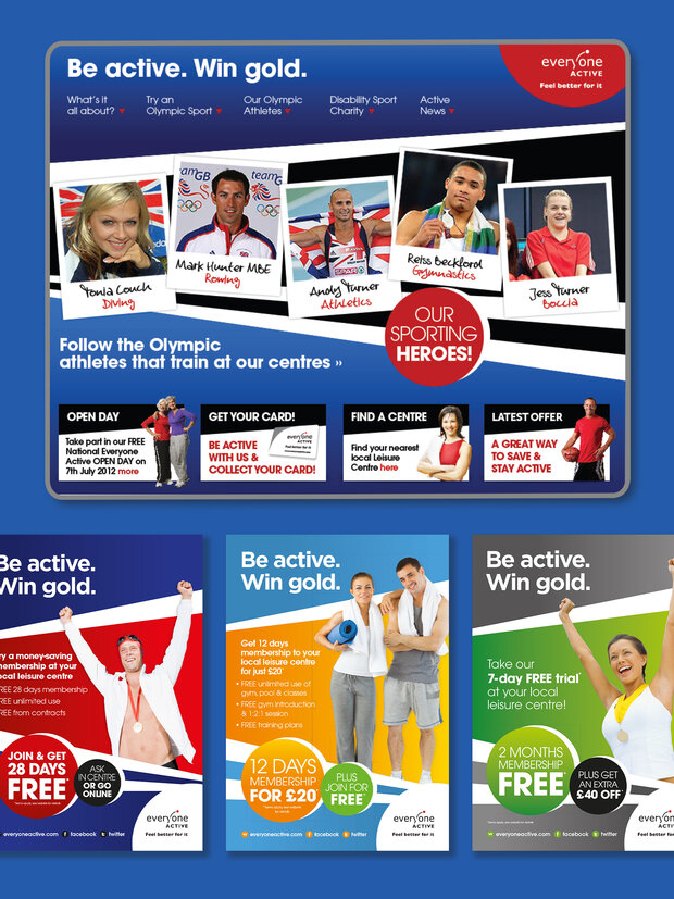 A promotional graphic encouraging physical activity, featuring images of athletes and slogans like "Be active. Win gold." It includes information about joining fitness programs, special offers, and community engagement, designed to inspire participation in Olympic sports. The layout consists of a main banner and several smaller ads.