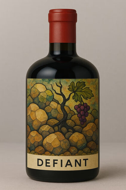 A wine bottle labeled "Defiant." The label features a colorful illustration of grapevines and clusters of grapes among textured stones, set against a muted background. The bottle has a dark body and a red cap.