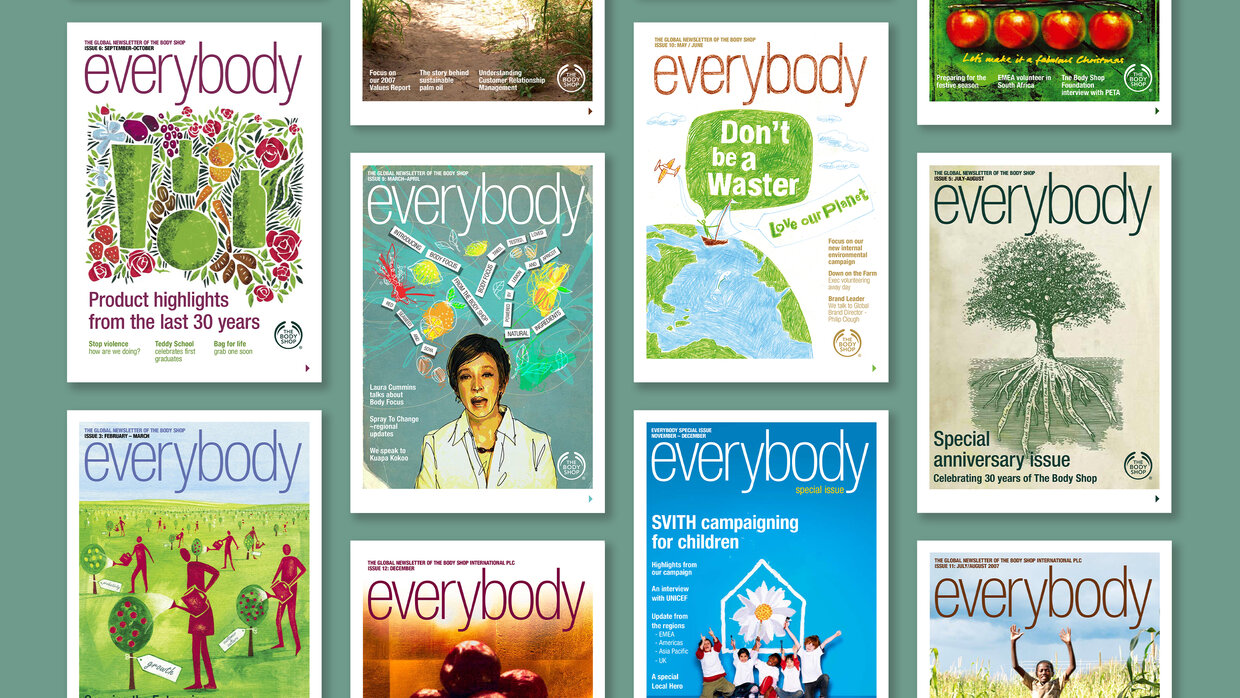 Assorted covers from The Body Shop staff magazine called Everybody
