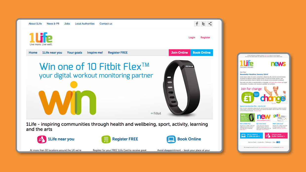 A promotional webpage for 1Life featuring a contest to win one of 10 Fitbit Flex™ devices. The website emphasizes community health, wellbeing, sport, and learning, with options to join, register, and book online. A mobile version displays similar content along with updates.