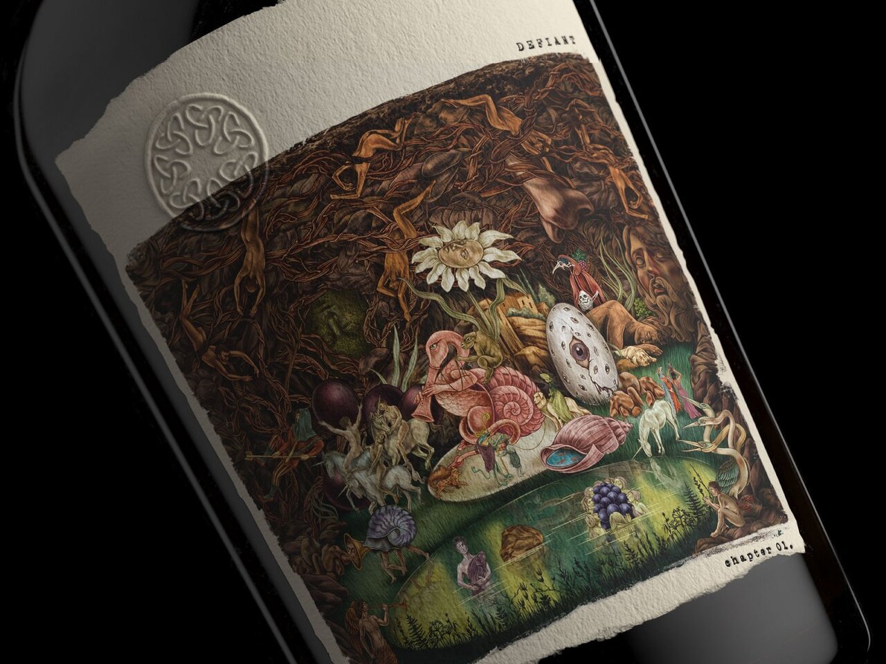 A close-up of a wine bottle label featuring a richly detailed illustration. The artwork depicts a whimsical scene with various flowers, mushrooms, and other natural elements, surrounded by intertwining vines. The label has a textured, organic look, adding to its artistic appeal.