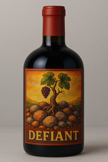A wine bottle featuring a label with the word "DEFIANT." The label depicts a stylized tree with green leaves and grape clusters, set against a colorful background of rolling hills and a rocky landscape. The bottle has a red cap.