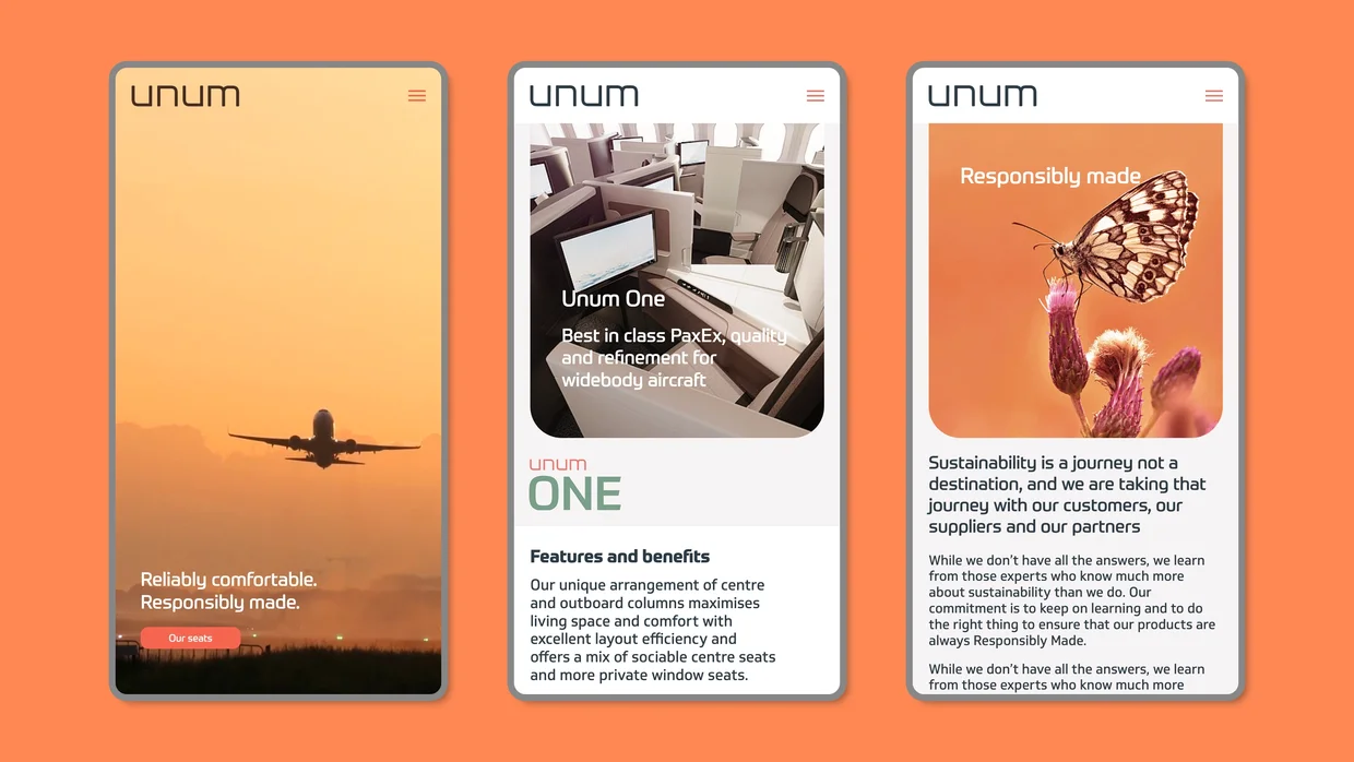 Unum business class aircraft seating website design