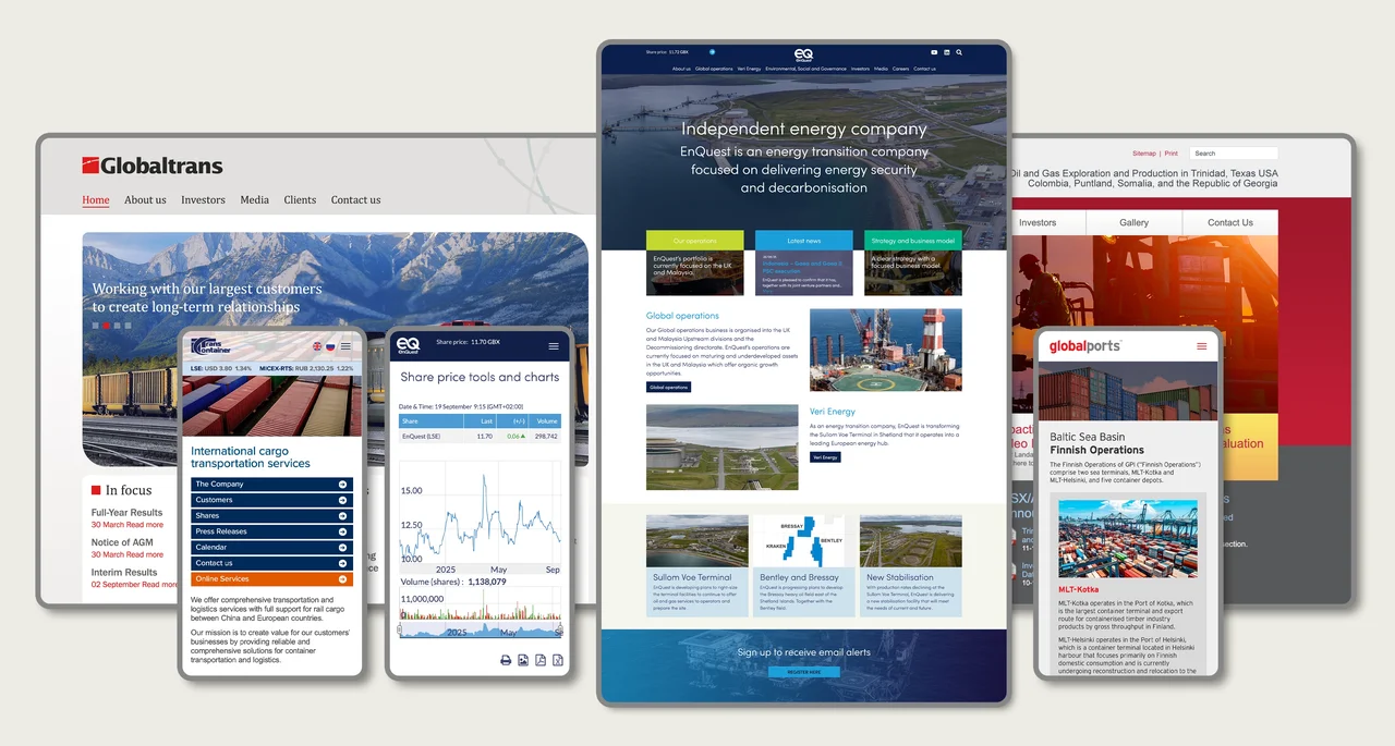 Multiple web pages displayed on various devices, showcasing services of an energy company and their data visualisation tools.