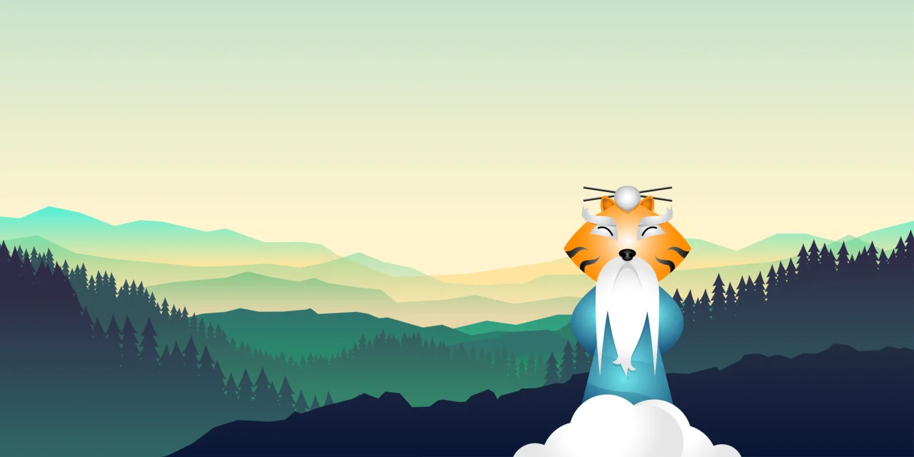 An illustration of a Wise Tiger standing atop a mountain