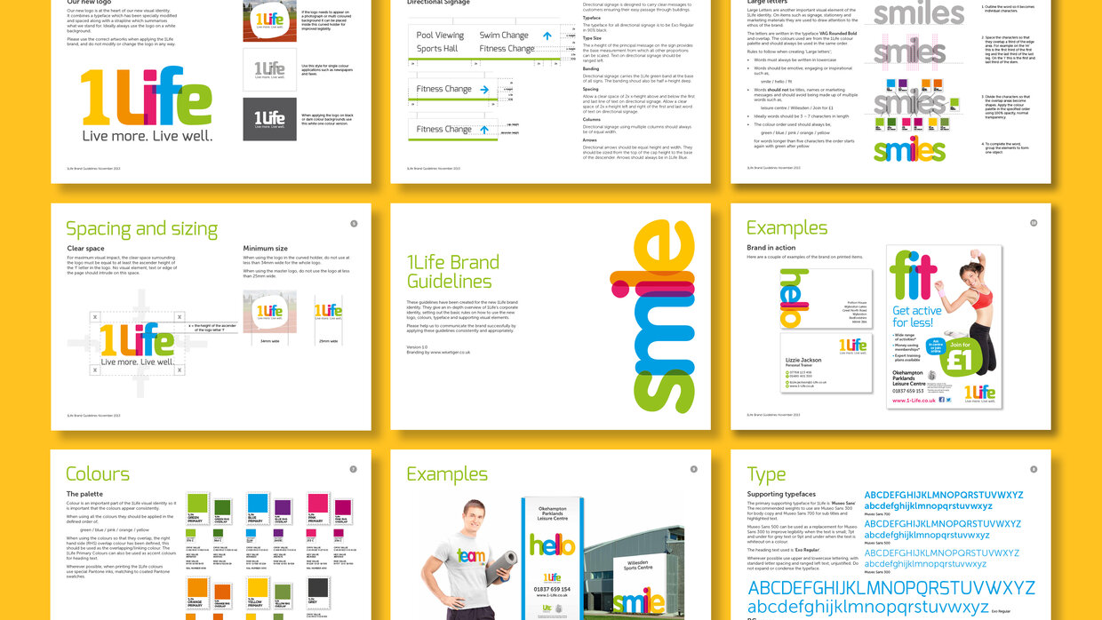 A collage of branding guidelines for "1Life," featuring various elements such as logo usage, color palettes, typography, and design examples. The layout includes sections on spacing, sizing, and brand examples, with vibrant colors and images of fitness-related themes.
