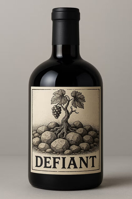 A wine bottle with a black label featuring the word "DEFIANT" in bold at the bottom. The label depicts an illustration of a grapevine with leaves and grapes, growing from a bed of stones. The background is a simple, light color.