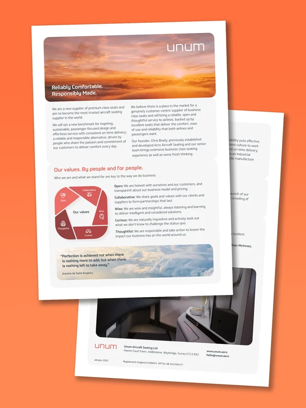 Unum business class aircraft seating marketing materials