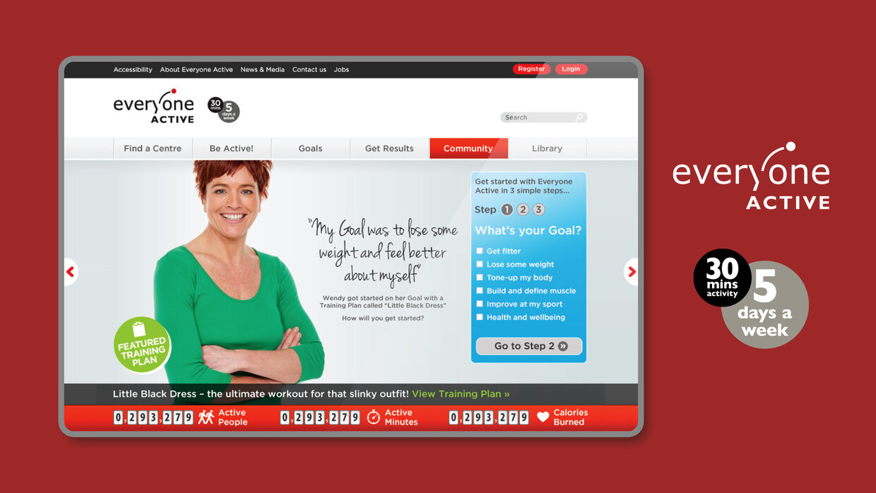 Screenshot of the "Everyone Active" website homepage featuring a woman in a green shirt. She is smiling and expressing her goal of losing weight to feel better about herself. The page includes navigation options such as "Find a Class," "Get Active," and "Community.