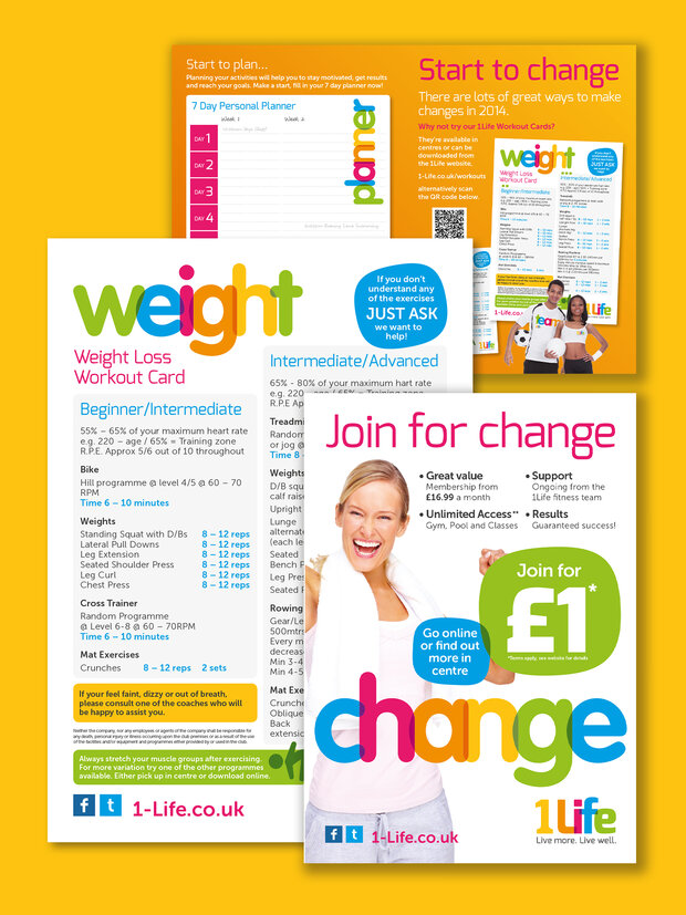 A promotional flyer featuring a weight loss workout card with sections for different fitness levels, a personal planner, and information on joining a change program. The design includes bright colors and images of individuals engaged in fitness activities, along with contact details for the program.