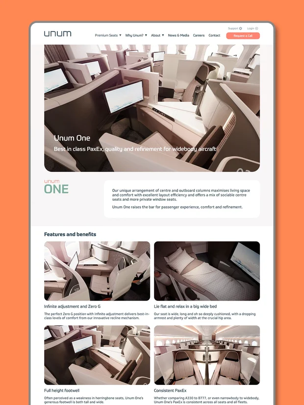 Unum business class aircraft seating website design