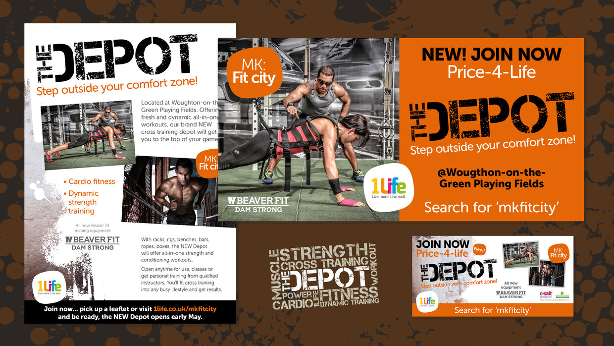 Promotional flyer for "The Depot," featuring various fitness activities like cardio and strength training. It invites people to join, highlighting its location at Woughton-on-the-Green Playing Fields. The flyer emphasizes outdoor fitness options and includes social media information for more details.