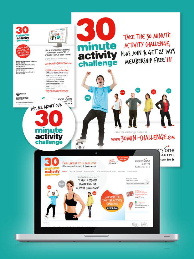 A promotional image for the "30 Minute Activity Challenge." It features a person in a blue shirt with raised arms, encouraging participation. The design includes text about a free 28-day membership offer, along with images of diverse individuals engaging in activities. A laptop displays related information.
