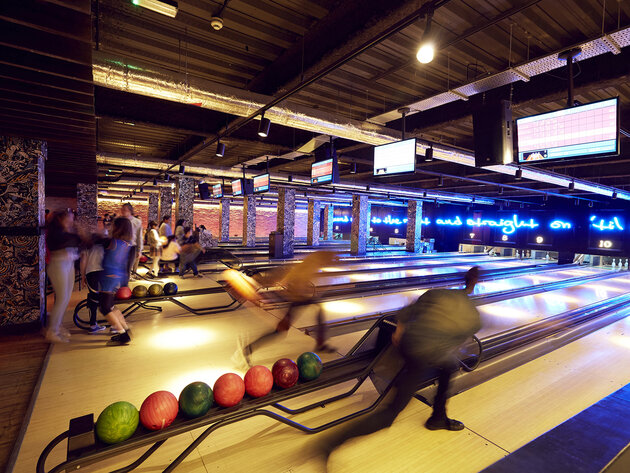 A photo of the bowling lanes at Queens