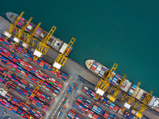 Drone view of a container ship in a port